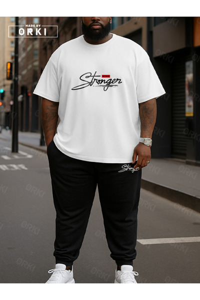 EFFRENATU Stay Strong Printed Plus Size White T-Shirt & Black Pants Tracksuit Set
