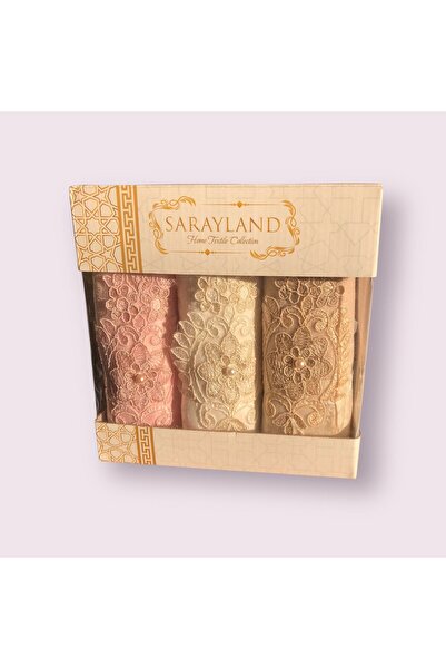 Sarayland 3'lü Lüks Dantel İşlemeli Kadife Mutfak Havlusu Seti - %100 Pamuk - Pembe, Krem, Kahve
