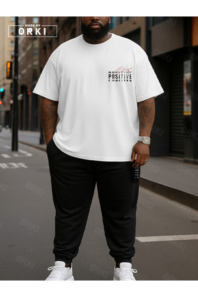 EFFRENATU Positive Thick Printed Plus Size White T-Shirt & Black Pants Tracksuit Set