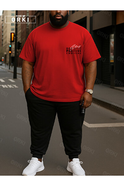 EFFRENATU Positive Thick Printed Plus Size Red T-Shirt & Black Pants Tracksuit Set