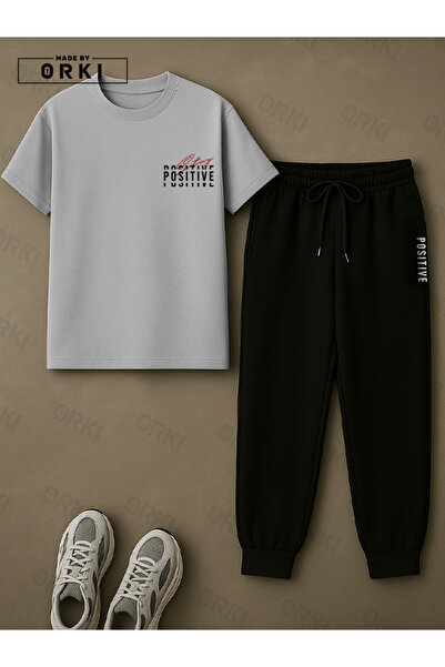 EFFRENATU Positive Thick Printed Plus Size Gray T-Shirt & Black Pants Tracksuit Set
