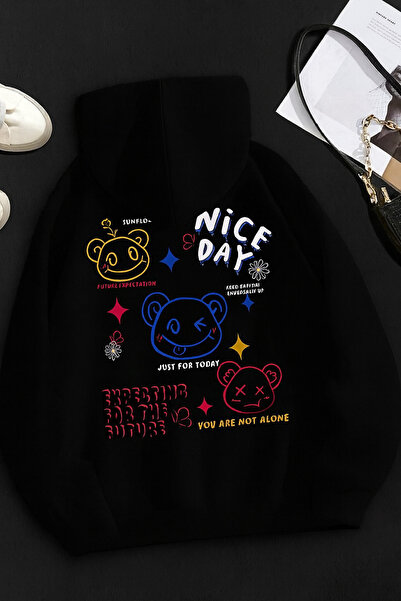 CLASSY.MODA Unisex Oversize 3 Thread Hoodie 🧸 🌟 🌈   Nice Day Bear Patterned Hooded Sweatshirt Casual Streetwear