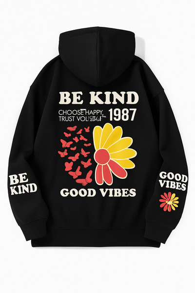 CLASSY.MODA Unisex Oversize 3 Thread Hoodie 🌸 🦋 😊   Be Kind Good Vibes Patterned Hooded Sweatshirt Casual Style