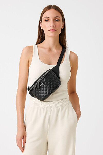 DERİJE Hakiki Deri Siyah Capitone Baskılı Unisex Bel Çantası (T255)