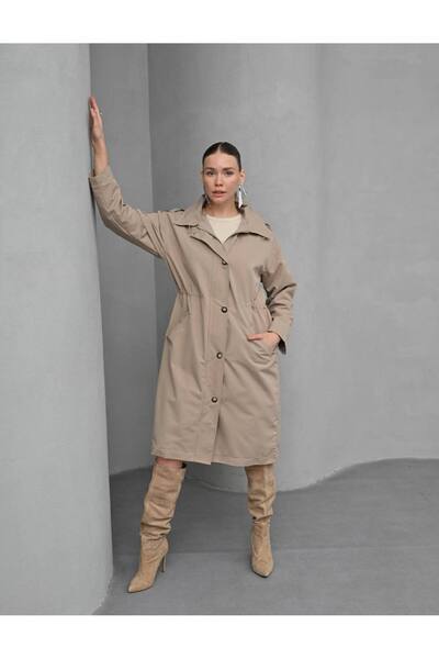 MATTİ MODA Kadın Kapşonlu Uzun Açık Bej Trençkot