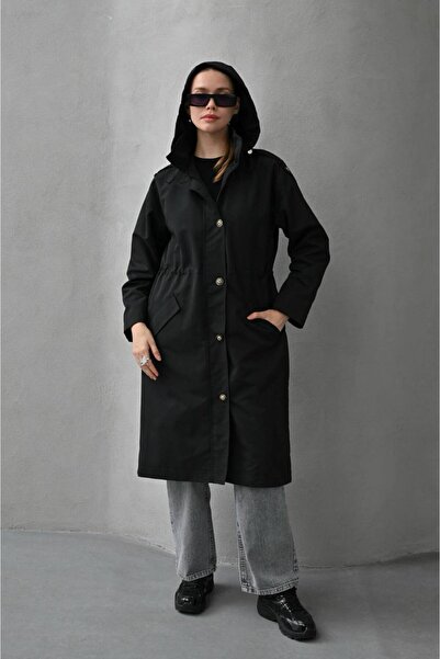 MATTİ MODA Kadın Kapşonlu Uzun Siyah Trençkot