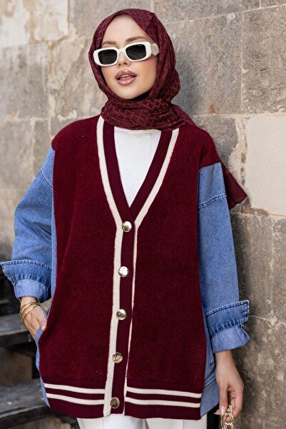 Hazamoda سترة أزور مكافئة باللون الأحمر الداكن