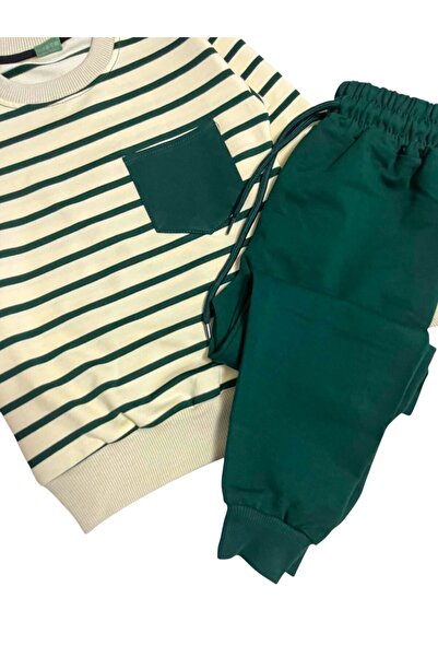 Fil Kids Σετ αγοριών από 100% βαμβάκι σε μπεζ χρώμα με πράσινες ρίγες, μακρυμάνικο και με τσέπες