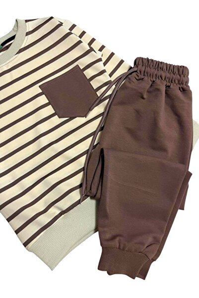 Fil Kids Σετ αγοριών από 100% βαμβάκι σε μπεζ χρώμα, γαλακτόχρωμο ριγέ, μακρυμάνικο φούτερ με τσέπες