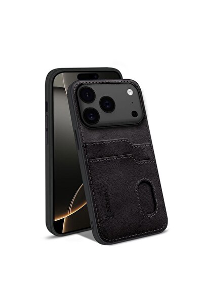 Zebana Apple iPhone 17 Pro Uyumlu Kılıf Kartlıklı Lüx Deri Kılıf Siyah