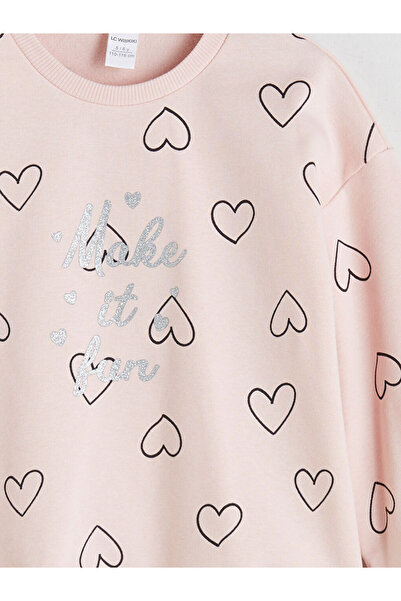 LC Waikiki Pembe Bisiklet Yaka Kalp Baskılı Kız Çocuk Sweatshirt