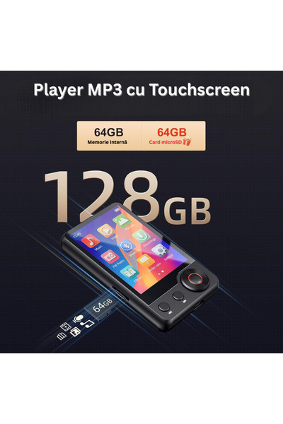 Velixo MP3 Player Touchscreen 2.4", Bluetooth 5.3, 128GB, HiFi, FM, USB-C, SD, Speaker, Headphones Included