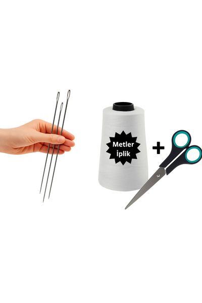 Metler Yorgan İğnesi 25 Cm (2 Adet) + Yorgan İpi (1 Adet) + Makas Dikiş Seti ...