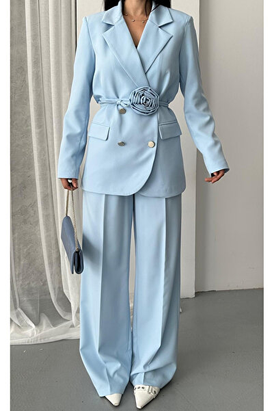 pembekurdelem Kadın Gül Detaylı Ceket Pantolon Takım Bebe Mavi