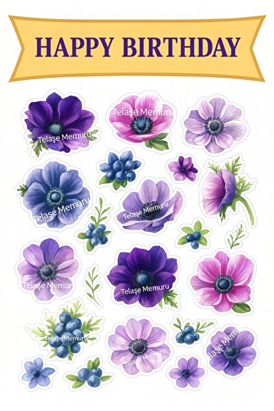 telaşe memuru Purple Flower and Happy Birthday Edible Cake Image Print - Edib...