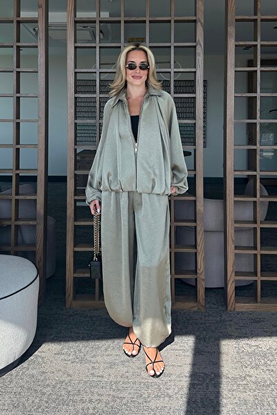 Laluvia Khaki Bomber Satin Jacket - 9584