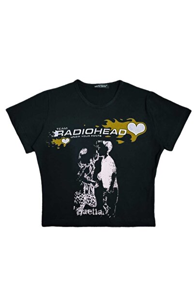StartMore Black Women's Printed Crew Neck Baby Top with Waist Boy Crop