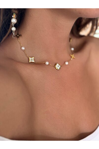 Butik 316L Steel Non-Tarnish Clover and Pearl Detailed Women's Necklace
