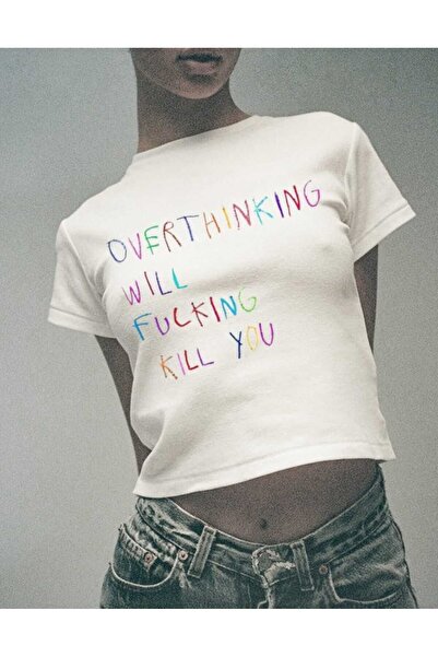 StartMore White Women's Top with Printed Crew Neck Baby Print in Waist Boy Crop