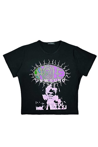 StartMore Black Women's Printed Crew Neck Baby Top with Waist Boy Crop