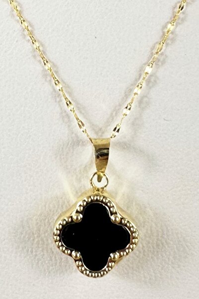 K KRAFTIVA JEWELRY 14 Ayar Altın Aynalı Zincir Siyah Taşlı Yonca Kolye