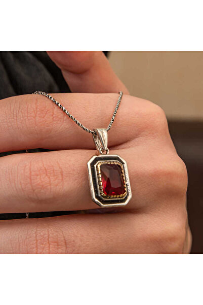 BlackCraft Silver Red Stone Rectangular Women's Necklace (Bc-A24030)