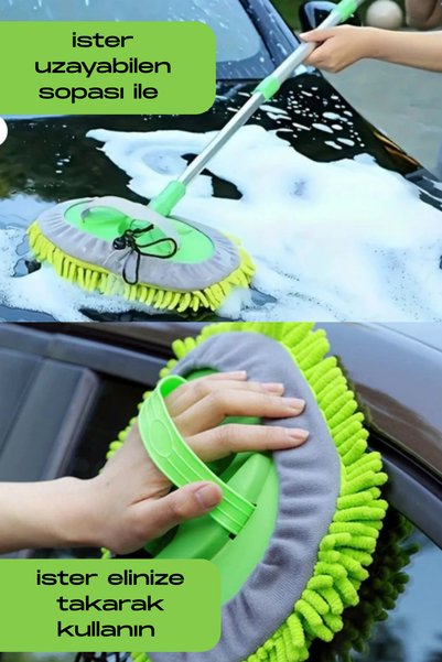 PlusOto Car Wash Brush Auto Washing Mop with Microfiber Cloth Extendable Handle Scratch-Free Vehicle Washing Cloth