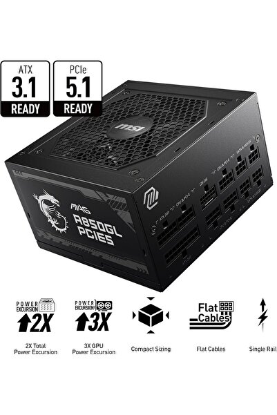 MSI مزود الطاقة MAG A850GL PCIe5، 850 واط، 80 Plus Gold، معياري بالكامل، ATX 3.0