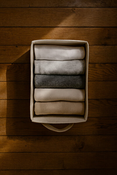 YUNUSOĞLU HOME Cream Closet Organizer, Laundry, Toy Organizer, Storage Box, Felt Basket Organizer 38X25X13 cm