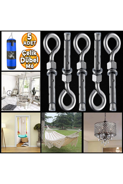 Genel Markalar Kancalı Çelik Dübel Salıncak Tavan Boks Torbası Avize Asma Aparatı Asacağı M6 Kapalı Ağız Kanca 5 Ad