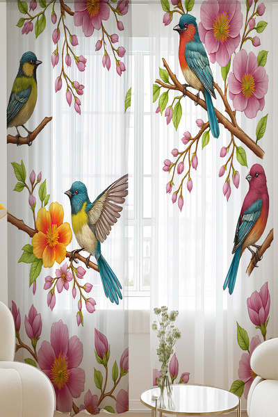 Else Dekor Spring Themed Colorful Bird Flowers Patterned Double Winged Tulle Curtain Living Room Hall Kitchen