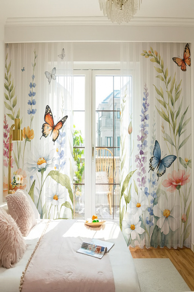 Else Dekor Flowers Butterfly Patterned Double Winged Tulle Curtain Living Room Hall Kitchen 140X260Cm