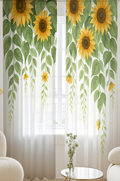 3D ELSE HALI Yeşil Yaprak Ay Çiçeği Desenli Çift Kanatlı Tül Perde Oturma Oda...