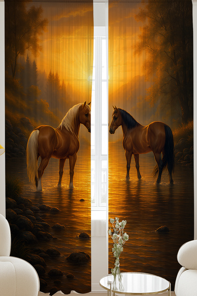 Else Halı Gün Batımı Atlar Desenli Çift Kanatlı Tül Perde Oturma Odası Salon ...