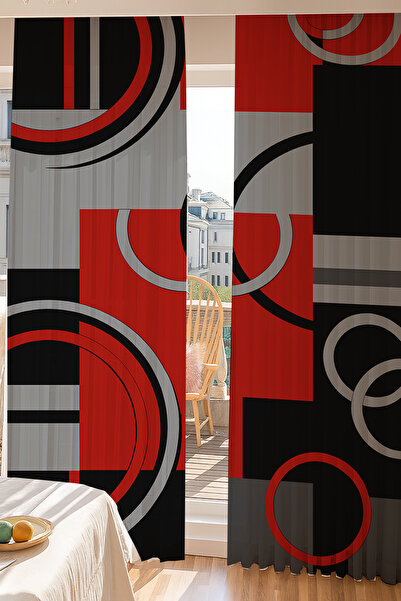 Else Dekor Red Black Gray Geometric Patterned Double Winged Tulle Curtain Living Room Hall Kitchen 140X260Cm