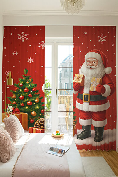 Else Dekor Κουρτίνα από τούλι με μοτίβο Άγιου Βασίλη και πεύκου με διπλά φτερά για σαλόνι κουζίνα 140x260cm