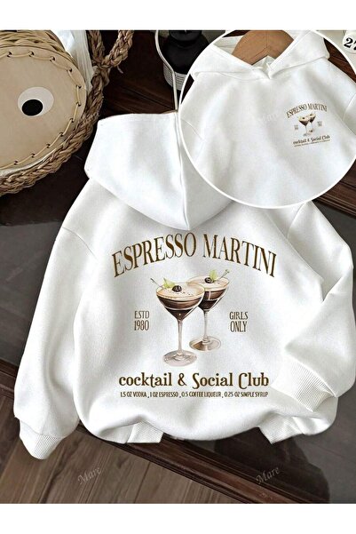 OVER HEAD سويت شيرت بقلنسوة مطبوع عليه 3 خيوط باللون الأبيض للنساء من إسبريسو...