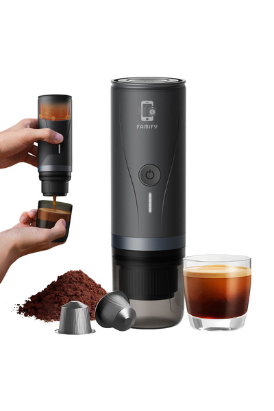 FAMIFY 3-in-1 Portable Espresso Maker, 20 Bar, 7500mAh, Multi-Capsule & Ground Coffee, USB/Car, Black