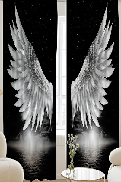 Else Halı Melek Kanadı Siyah Beyaz Desenli Çift Kanatlı Tül Perde Oturma Odası Salon Mutfak 140x260cm