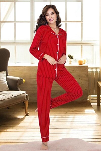 Viselya Σετ Πιτζάμες Σιφόν Κόκκινο με Κουμπιά