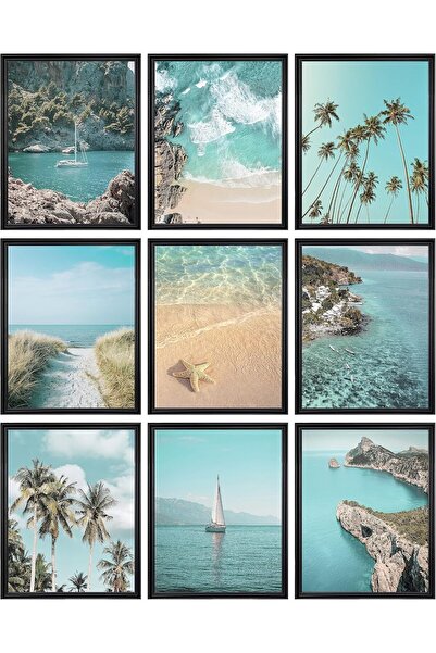 Today Idea مجموعة فنون جدارية ساحلية من توداي آيديا - 9 قطع بطبعات شاطئ استوائي وأشجار نخيل