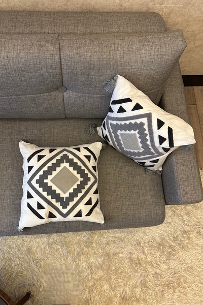 SİMEREV HALI HOME CONSEPT 2 Pieces Cream Fabric Tufted Woven Throw Pillow Case Modern Bohemian Pattern Case with Punch Embroidery