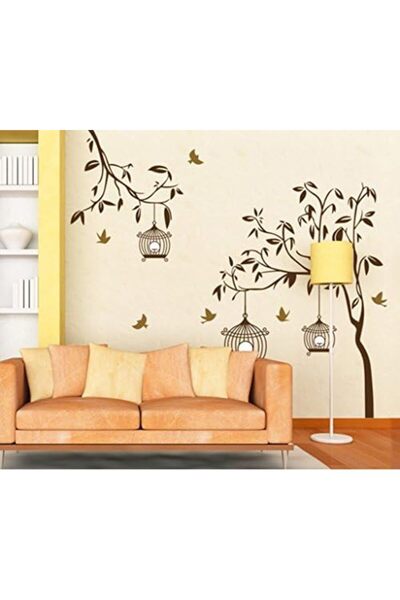 Today Idea Wall Sticker - Brown Tree Design with Birds & Cages - Made of PVC Vinyl, 30 x 90 cm