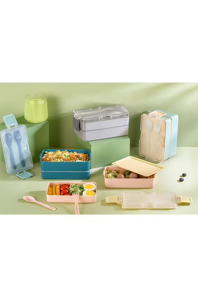 deycollect Portable Lunch Box Food Container - Leakproof, Multi-Layer Bento Box with Fork and Spoon Set