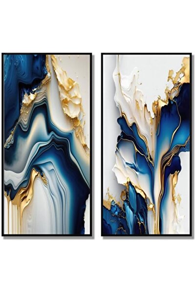 Today Idea لوحة فنية جدارية من الرخام الجيود التجريدي من قطعتين بإطار أسود وذهبي وأزرق