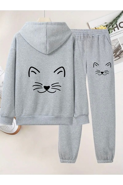 FUFLUNS Cat Printed Unisex Women/Men Hoodie Oversized Bottom/Up Tracksuit Set
