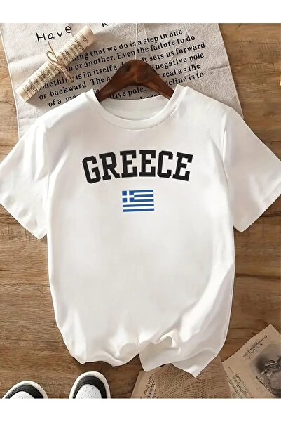 Flood Of Style علم اليونان الأبيض للسيدات مطبوع عليه مقاس كبير