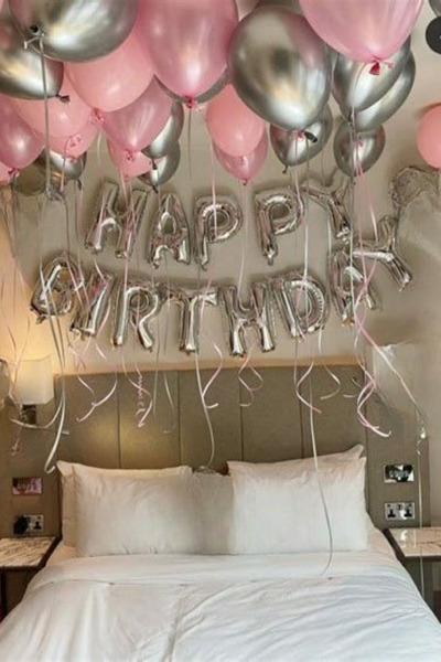 Baloncu Nene Happy Birthday Foil Set Pink Silver Balloon Party Birthday Decoration Set
