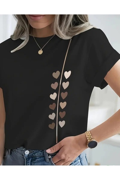 Flood Of Style بلوزة نسائية سوداء مطبوعة بتصميم مسار القلب وياقة دائرية