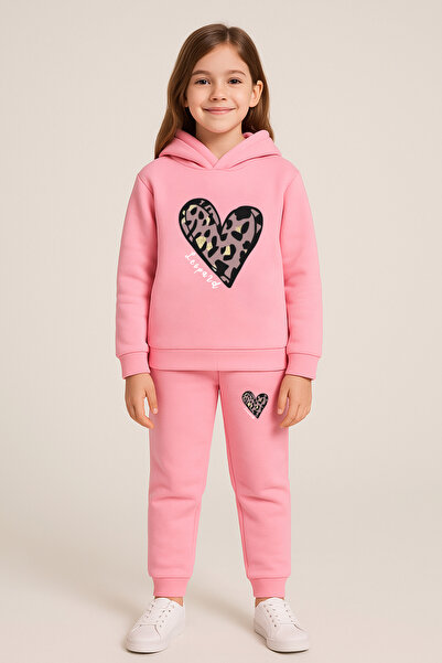 Let's Wear Σετ φόρμας φούτερ με κουκούλα για παιδιά με στάμπα Leopard Heart - Αθλητικό σετ 2 τεμαχίων